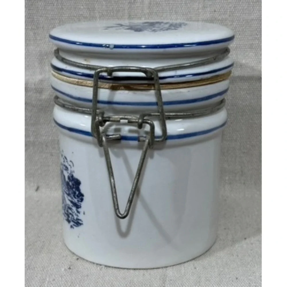Teleflora Blue White Windmill Ceramic Canister Wire Bale Jar 5.5in Dutch Style